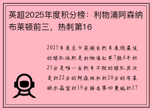 英超2025年度积分榜：利物浦阿森纳布莱顿前三，热刺第16