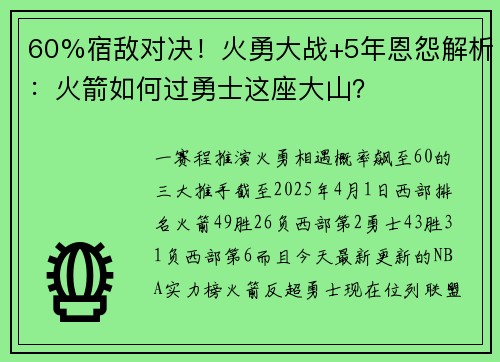 60%宿敌对决！火勇大战+5年恩怨解析：火箭如何过勇士这座大山？